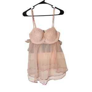 Victoria's Secret Pink Babydoll Nightie Womens 36D Bows Rhinestones Coquette